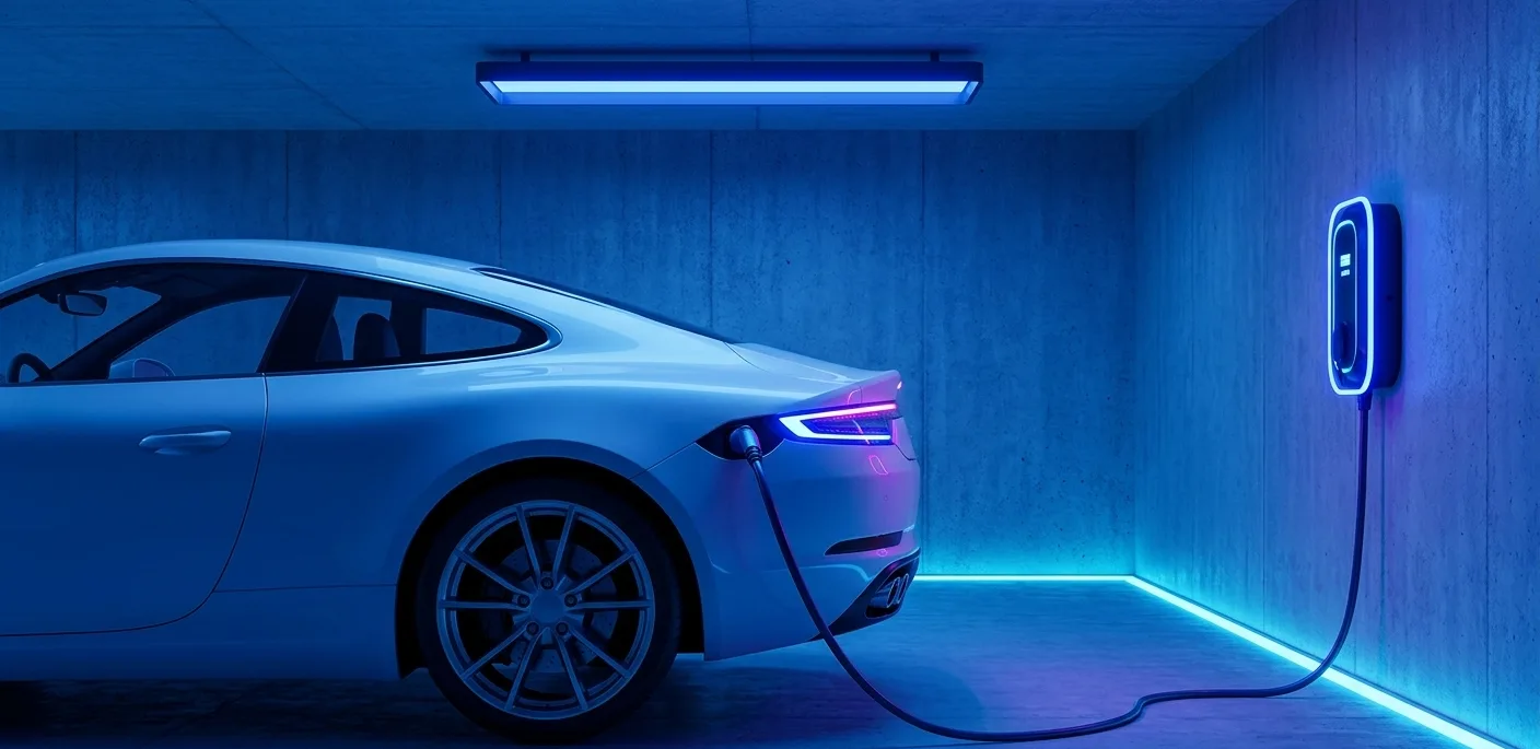 Garaje moderno con vehículo eléctrico azul conectado a un cargador de pared instalado por ALDECA en Guadalajara